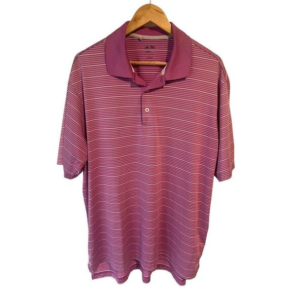 Adidas Mens Polo Golf Shirt Large Fuchsia Striped Short Sleeve ClimaLite - Picture 2 of 9